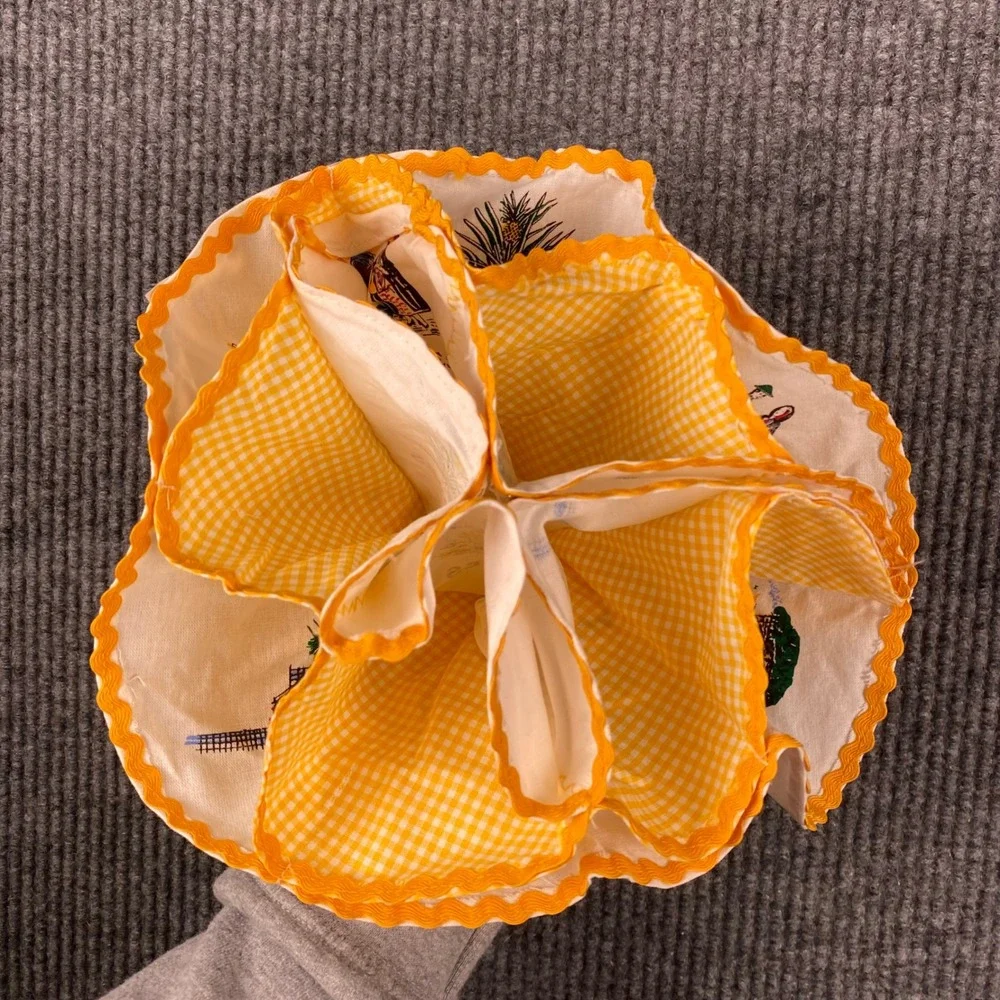 Vintage Azores Portugal Souvenir Bread Basket Liner Yellow Gingham Ric Rac 11.5
